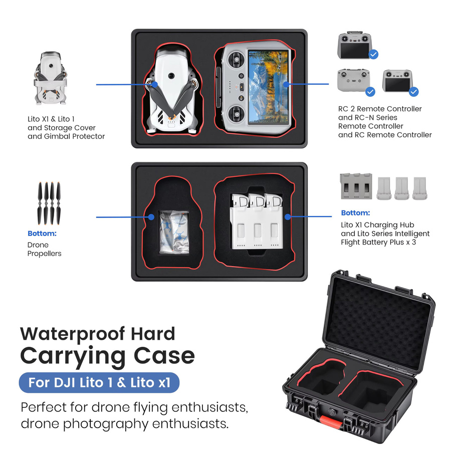 STARTRC Lito X1 Hartschalen-Wasserdichter Transportkoffer in Schwarz, kompatibel mit DJI Lito X1 Fly More Combo sowie DJI RC 2 und RC-N3, Platz für 4 Akkus und eine Ladezentrale - Bild 2