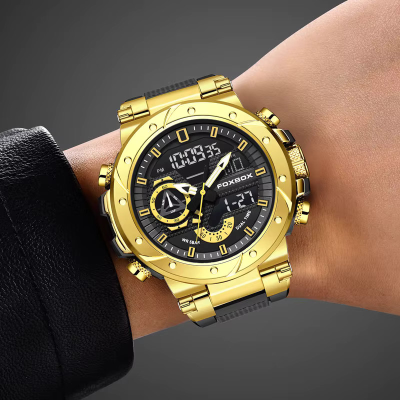 FOXBOX Armbanduhr Chronograph, Quarz, Leder, Herren, Schwarz, Gold - Bild 6