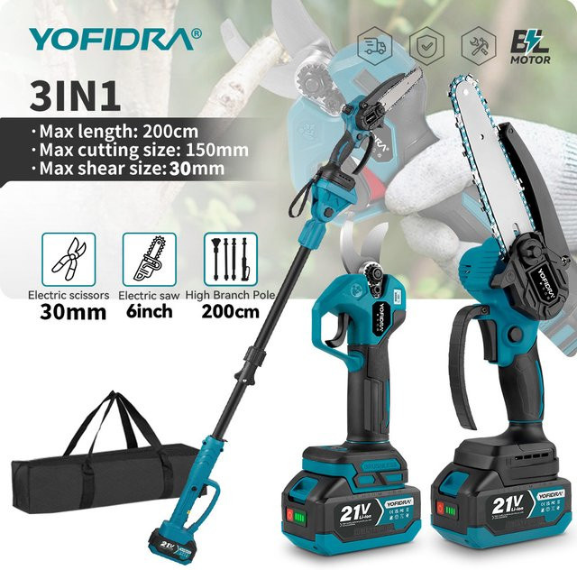 YOFIDRA 3-in-1 Bürstenlose Elektrische Kettensäge mit Teleskopstange als Hochastsäge und Astschere in Blau für Makita 21V Akku - Bild 1
