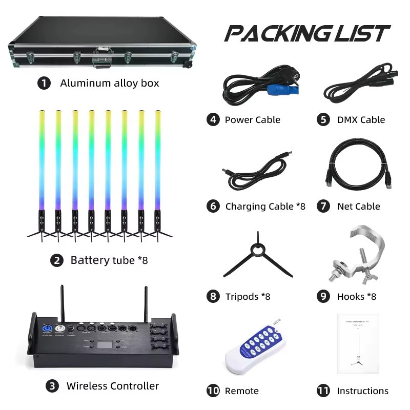 REIZ 8-teiliges Bühnenbeleuchtungs-Set mit kabellosen, wiederaufladbaren RGBIC LED-Röhren, IP65 wasserdicht, 360-Grad-Pixel-Effekt, Schwarz - Bild 3