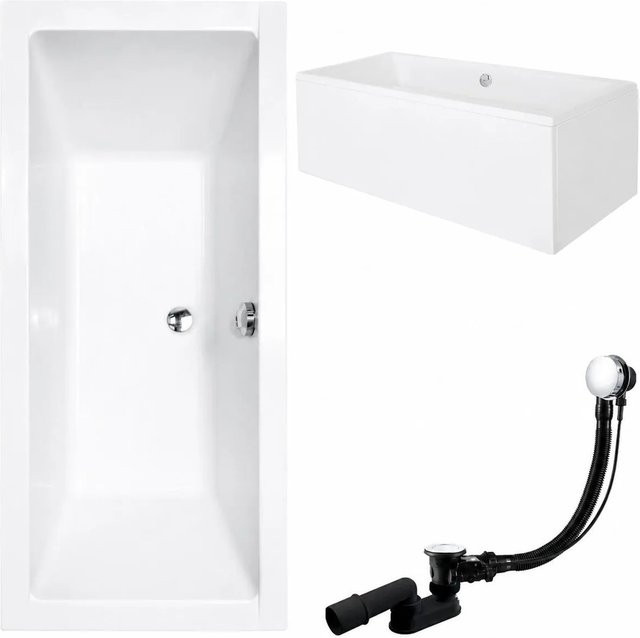 KOLMAN Badewanne rechteckig in Weiß mit Acrylschürze, Bambus-Badewannenablage, Ablauf und Füßen, B/T: 155 x 70 cm - Bild 1