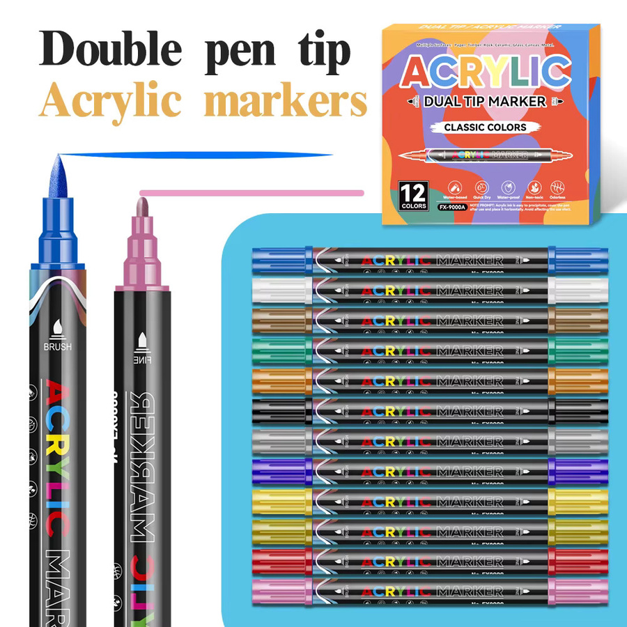 12 Farben Macaron Acryl Marker mit Dual Tip Soft Brush und Feinspitze für kreative DIY Kunstprojekte auf Stein, Holz oder Tassen - Bild 2