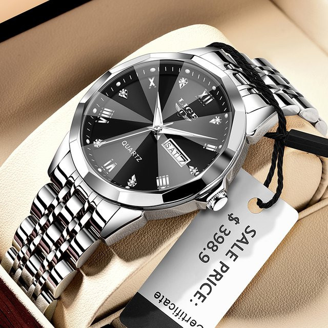 LIGE Armbanduhr Quarz, Edelstahl, Schwarz, Herren, Datum - Bild 1