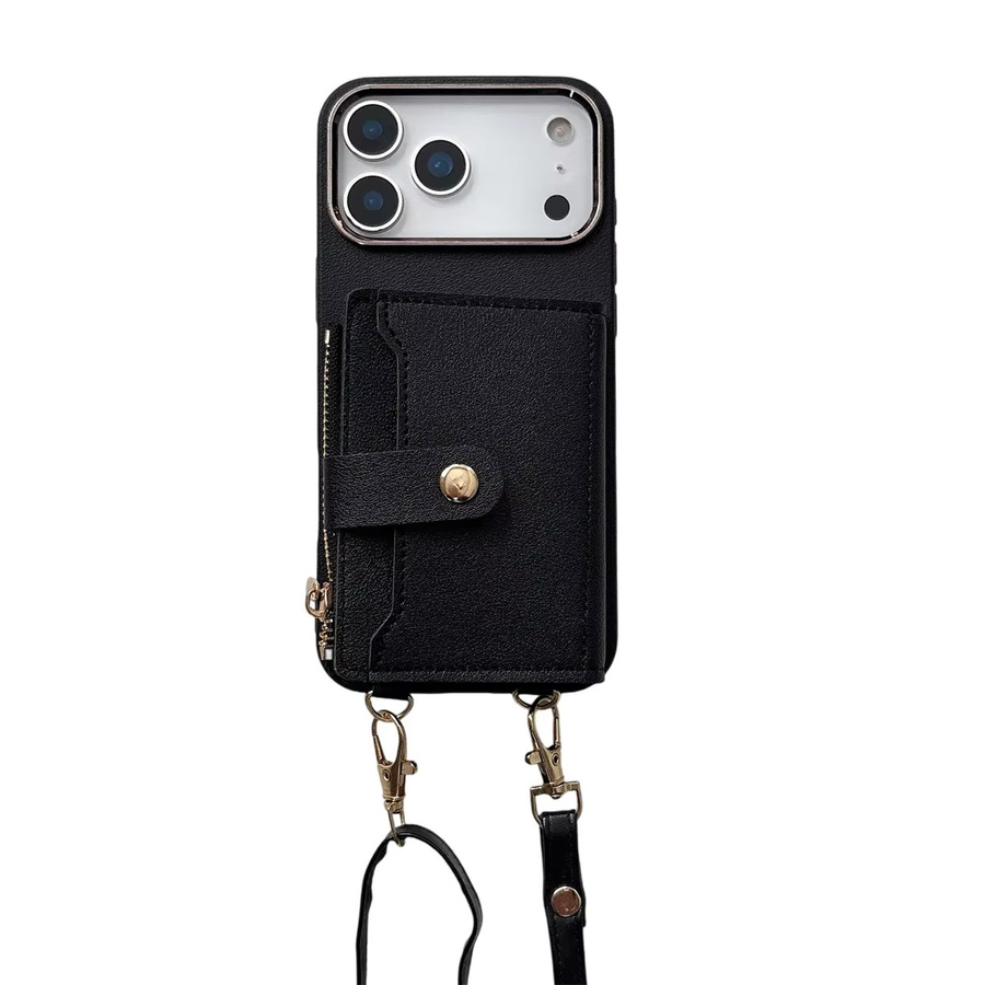 Crossbody Lanyard Wallet Strap Handyhülle für Apple iPhone Air 16 15 17 Pro Max 11 12 13 14 Plus mit Kartenfächern aus PU-Leder und Silikon in Schwarz - Bild 6