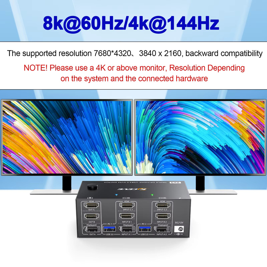 KCEVE 8K Triple Monitor KVM Switcher mit USB 3.0 Hub, HDMI und DisplayPort Docking Station für 2 Computer, Schwarz - Bild 5