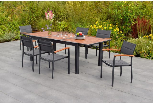 Merxx Gartenmöbel-Set Paxos 7-teilig mit Ausziehtisch aus Akazienholz und Aluminium in Grau - Bild 1