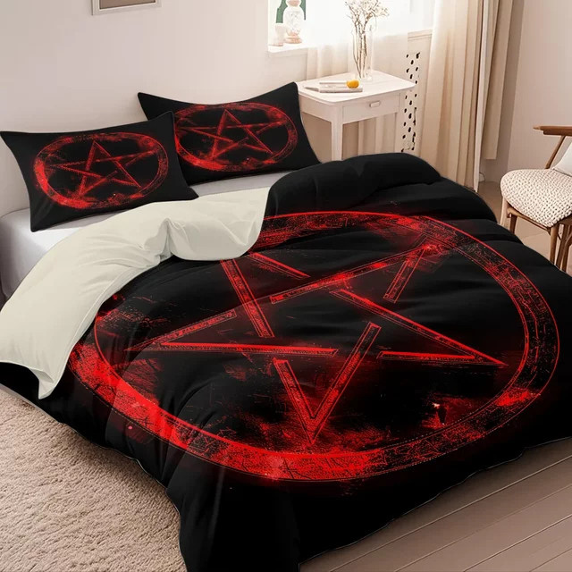 3-teiliges Bettbezug-Set mit Stern-Aufdruck in Rot, bestehend aus 1 Bettbezug und 2 Kissenbezügen, B/H: 135 x 200 cm - Bild 1