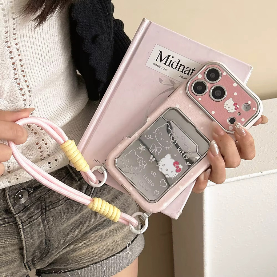 Sanrio Hello Kitty Handyhülle aus weichem Leder mit Kartenhalter und Trageband für iPhone 17 16 15 14 13 Pro Max in Pink - Bild 2