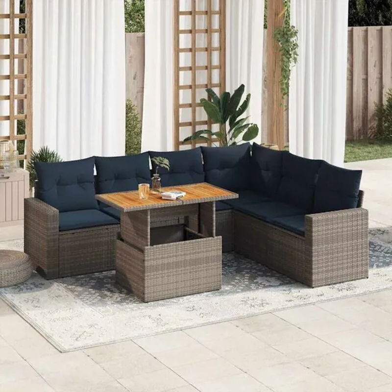 7-teilige moderne Garten-Sofagarnitur mit Kissen aus grauem Poly-Rattan von vidaxl - Bild 1