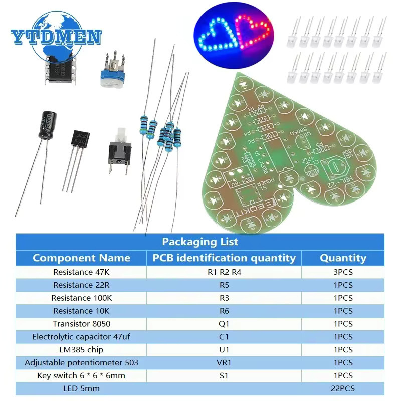 YTDMEN DIY Kit Herzform Atemlampen Elektronisches Lernset mit LED-Suite in Weiß, Rot und Blau - Bild 2