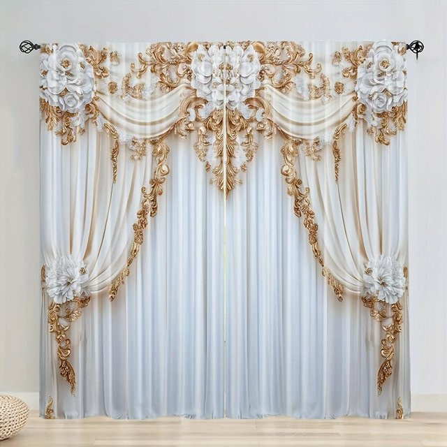 Tonnika Chen Vorhang-Set mit floralem Design in Weiß, 2er-Set aus Polyester, semi-transparent, Breite: 170 cm, Höhe: 200 cm - Bild 1
