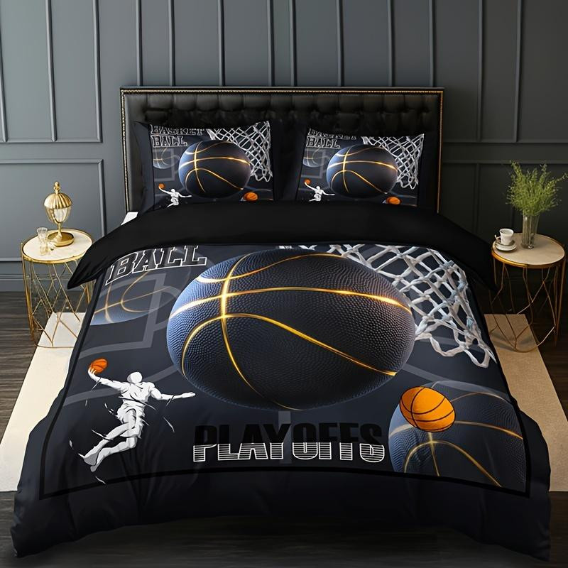 Bettwäscheset Basketball Sport Design von Binchi Outdoor Product, Schwarz, B/H: 150 x 200 cm, bestehend aus 1 Bettbezug und 2 Kissenbezügen aus atmungsaktiver Mikrofaser - Bild 2
