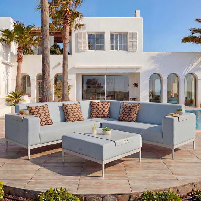 MCW Alu-Garten-Garnitur C47 L-Shape in Blau mit braunen Kissen und Ablage aus pulverbeschichtetem Aluminium und UV-beständigem Textil - Bild 1