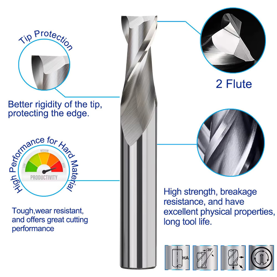 CMCP HSS Schaftfräser mit 2 Schneiden für CNC-Metallbearbeitung, Farbe: Silber, Durchmesser: 2 mm bis 12 mm - Bild 2