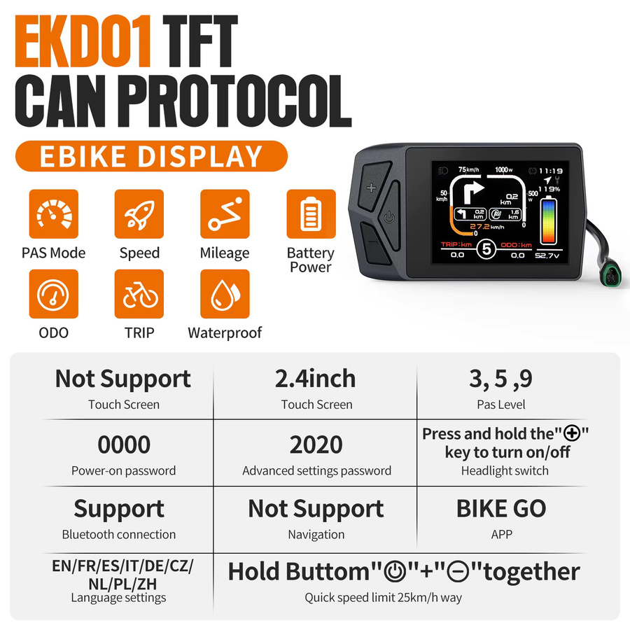 EKD01 E-Bike Display 2,4 Zoll TFT Farbdisplay für Bafang CAN-Protokoll Mittelmotor, Schwarz, IP67 Wasserdicht, E-Bike Computer mit Typ-C Ladeanschluss für BBS01B BBS02B BBSHD - Bild 9