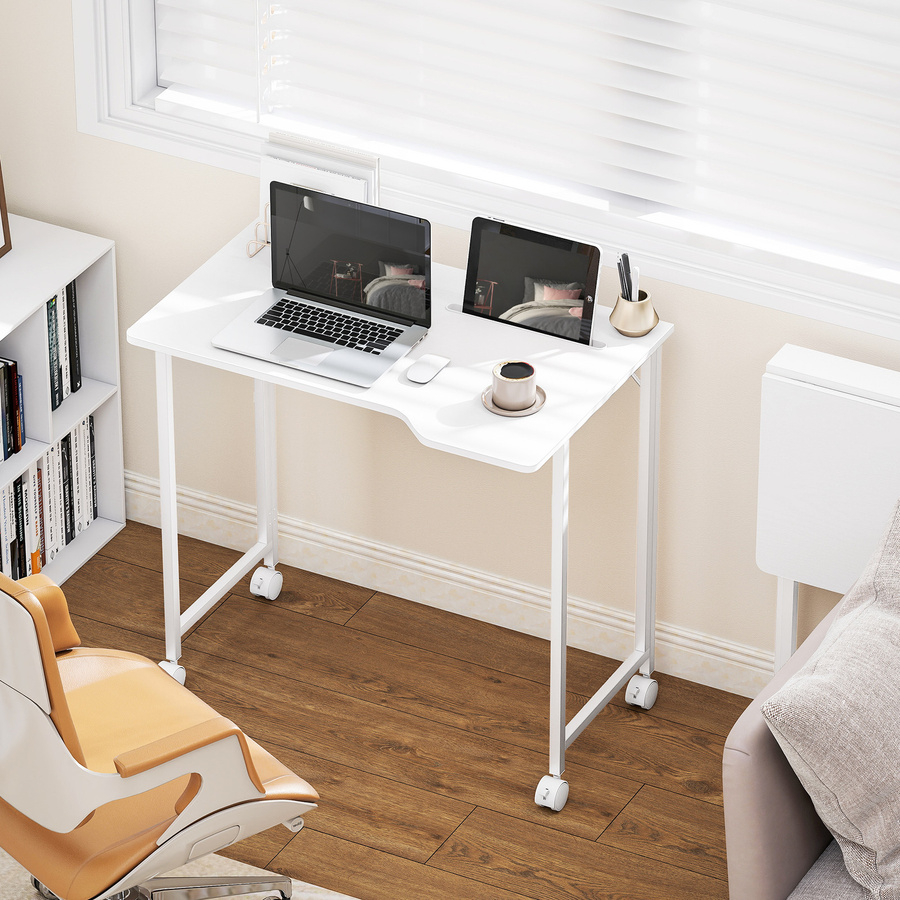 HOMCOM Schreibtisch Weiß, klappbarer Computertisch mit Rollen und Geräteschlitz, platzsparender Bürotisch für Büro und Schlafzimmer, B: 80 cm, T: 52 cm, H: 75 cm - Bild 2