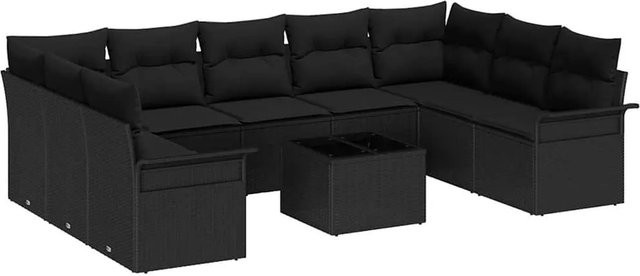 vidaXL Garten-Sofa-Set aus Polyrattan in Schwarz mit 10-teiligem Polster-Set und Couchtisch - Bild 1