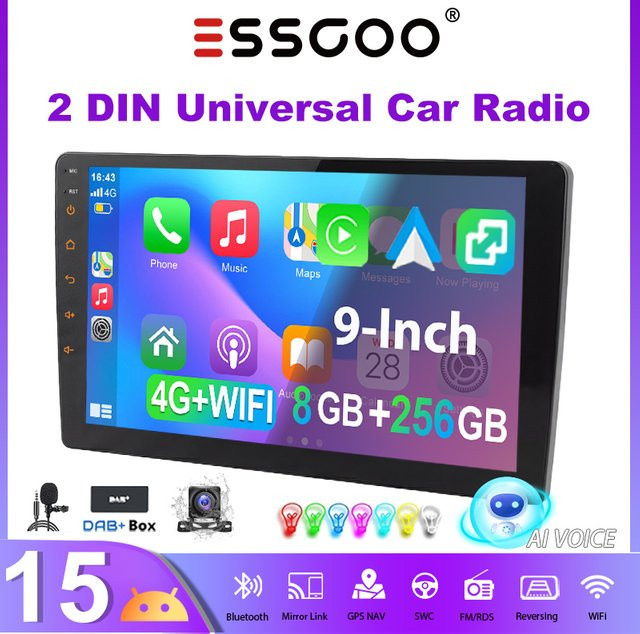ESSGOO Android 15 Autoradio mit 9 Zoll Display, 8+256GB, Kabelloses CarPlay, Android Auto, 4G LTE, GPS, WiFi und Bluetooth, Schwarz - Bild 1