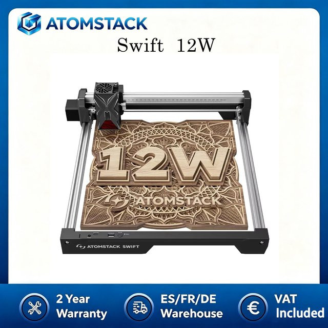 Atomstack Swift 12W Laser-Graviermaschine in Schwarz mit hochpräziser Gravur und großem Arbeitsbereich von 300 x 300 mm zur Bearbeitung von Metall, Acryl, Holz und Leder mit APP-Steuerung - Bild 1