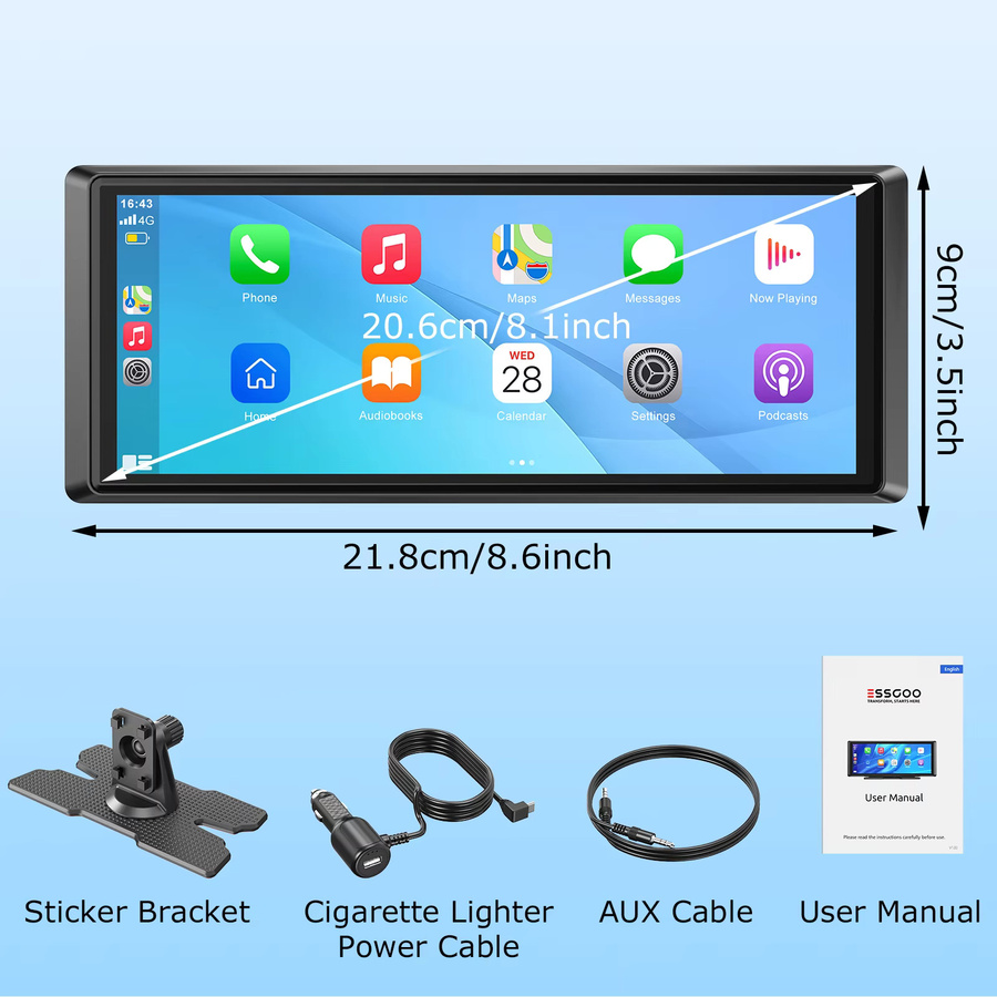 ESSGOO Universelles tragbares Auto-Stereo-Radio mit 8 Zoll HD IPS Touchscreen, GPS-Navigation, drahtlosem iOS CarPlay, Android Auto, WIFI Mirror Link und Bluetooth in Schwarz - Bild 6