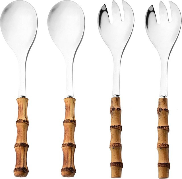 KNGZI Servierlöffel und Gabel Set aus Edelstahl mit Bambusholzgriff, Silber, 2/4er Set - Bild 1