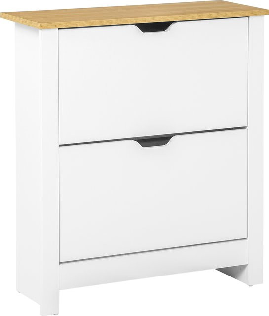 HOMCOM Schuhschrank platzsparend mit 2 Klappen für 12 Paar Schuhe, Schuhkipper in Weiß und Natur, modern und matt - Bild 1
