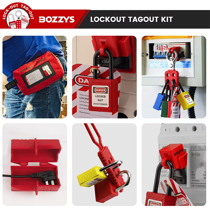 BOZZYS Elektrisches Lockout-Tagout-Schloss-Set in Rot mit Vorhängeschloss, Haspen, Leistungsschalter- und Stecker-Verriegelungsvorrichtung sowie Tagout-Etiketten - Bild 3