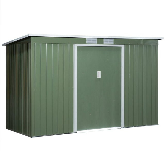 Outsunny Gartenhaus Geräteschuppen aus Stahl mit Schiebetür und Lüftungsfenster, Pultdach, Hellgrün, B/T/H: 280 x 130 x 172 cm - Bild 1