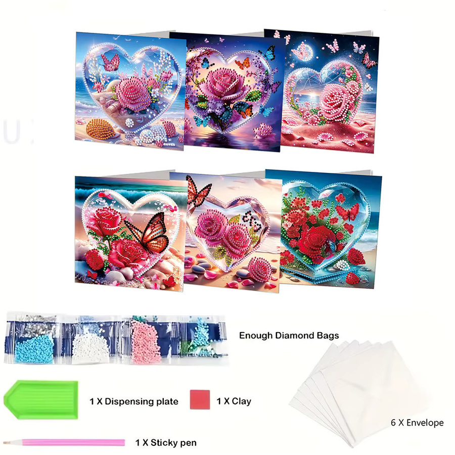 6-teiliges Weihnachtskarten-Set mit Diamantmalerei und Umschlägen, DIY-Herzblumen-Themenserie in Weiß und Multicolour aus Papier - Bild 3