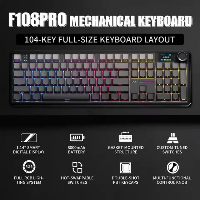AULA F108 Pro Gaming Mechanische Tastatur mit RGB, TFT Smart Display und Tri-Modus Verbindung (Bluetooth, Wi-Fi, Kabellos) in Blau - Bild 1