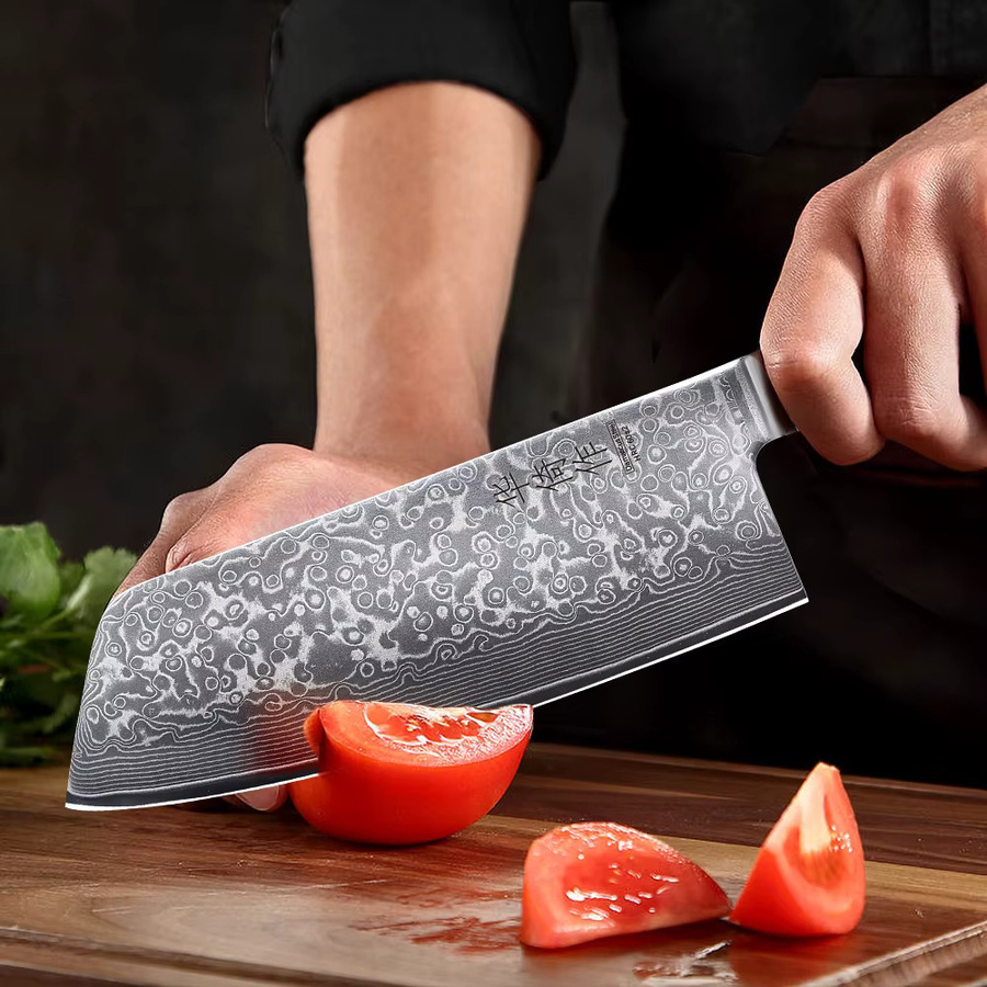 HUAYIGRAND Hackmesser aus Damaststahl in Silber mit Holzgriff, 19,05 cm professionelles japanisches Küchenmesser für Fleisch und Gemüse - Bild 3