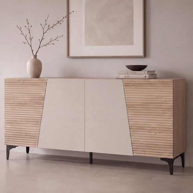 Sideboard MCW-Q83 Kommode mit 3D-Struktur und Staufächern in Eiche-Optik, B/T/H: 160 x 42 x 80 cm - Bild 1