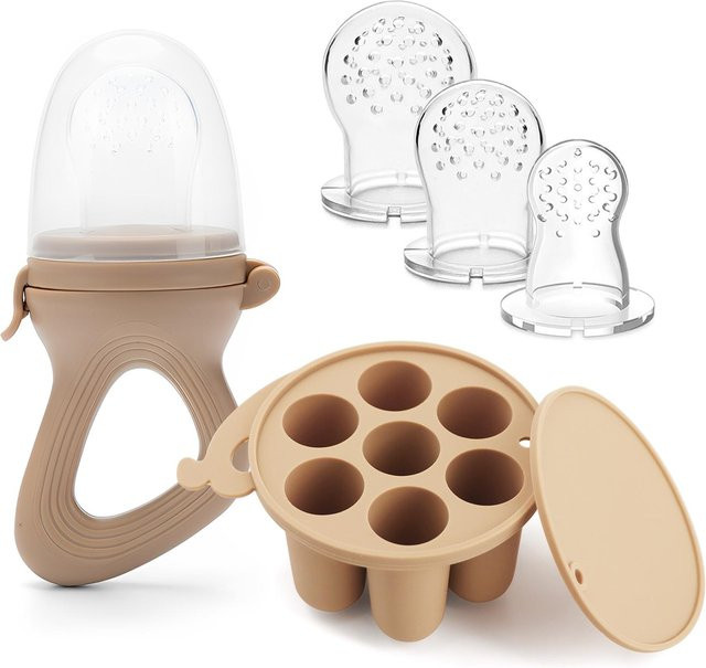 MARKET-1 Baby-Obstfütterer und Beißring Set aus Silikon mit Gefrierschale in Khaki/Beige - Bild 1