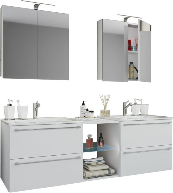 VCM Badmöbel Set Badinos XXL in Weiß, 3-tlg. Doppel-Waschtisch mit 2 Keramik-Waschbecken, 2 Spiegelschränken aus ESG-Sicherheitsglas und Unterschrank, Breite: 155 cm - Bild 1