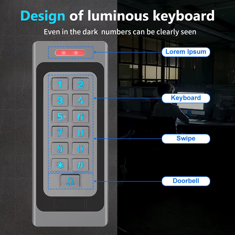 LUCKING DOOR RFID-Digicode-Lesegerät mit Tastatur, IP67 wasserdichte Zugangskontrolltastatur aus Metall, DC10-24V, 3000 Benutzer, Wiegand-Schnittstelle, 26–44 Ausgang, Farben: Schwarz und Silber - Bild 2