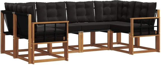 vidaXL Outdoor-Sofagarnitur 6-teilig aus Akazienholz und Textilene in L-Form, Schwarz und Natur mit UV-beständigen Kissen - Bild 1