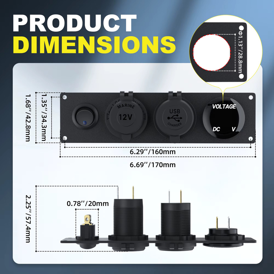 DaierTek 4-in-1 Ladegerät-Steckdosenpanel mit Dual-USB-Anschluss, LED-Voltmeter und LED-Schalter in Schwarz und Blau - Bild 2