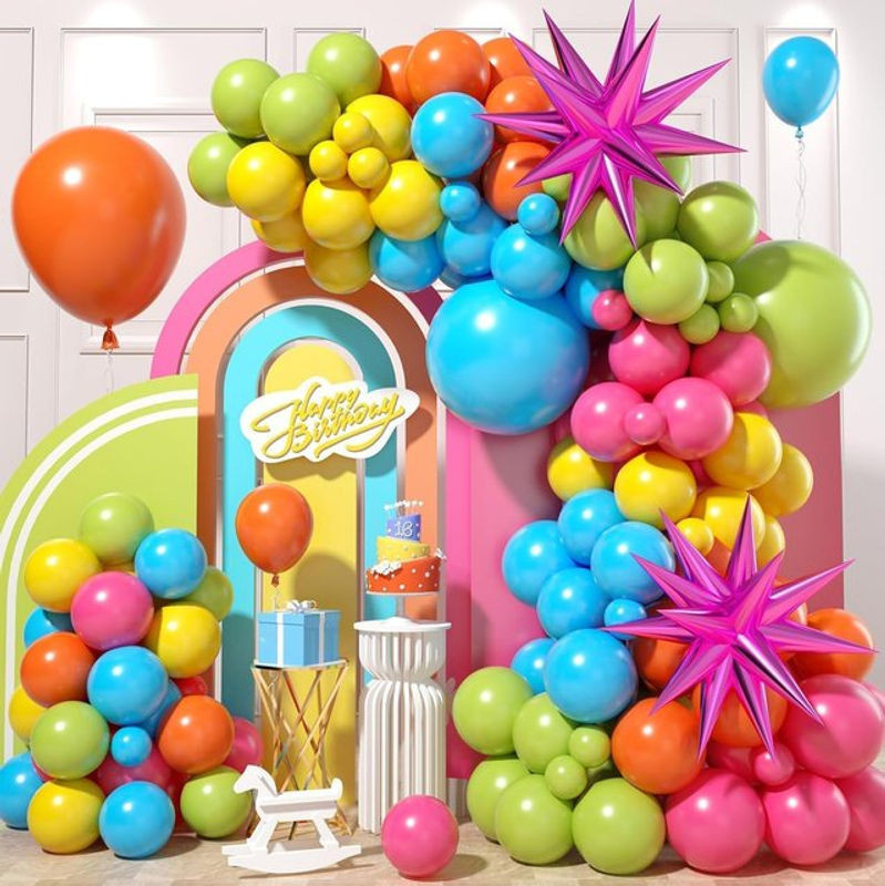 Mehrfarbiger Regenbogen-Ballonbogen mit Rosen aus Latex für deine Geburtstags- und Party-Dekoration im floralen Stil - Bild 1