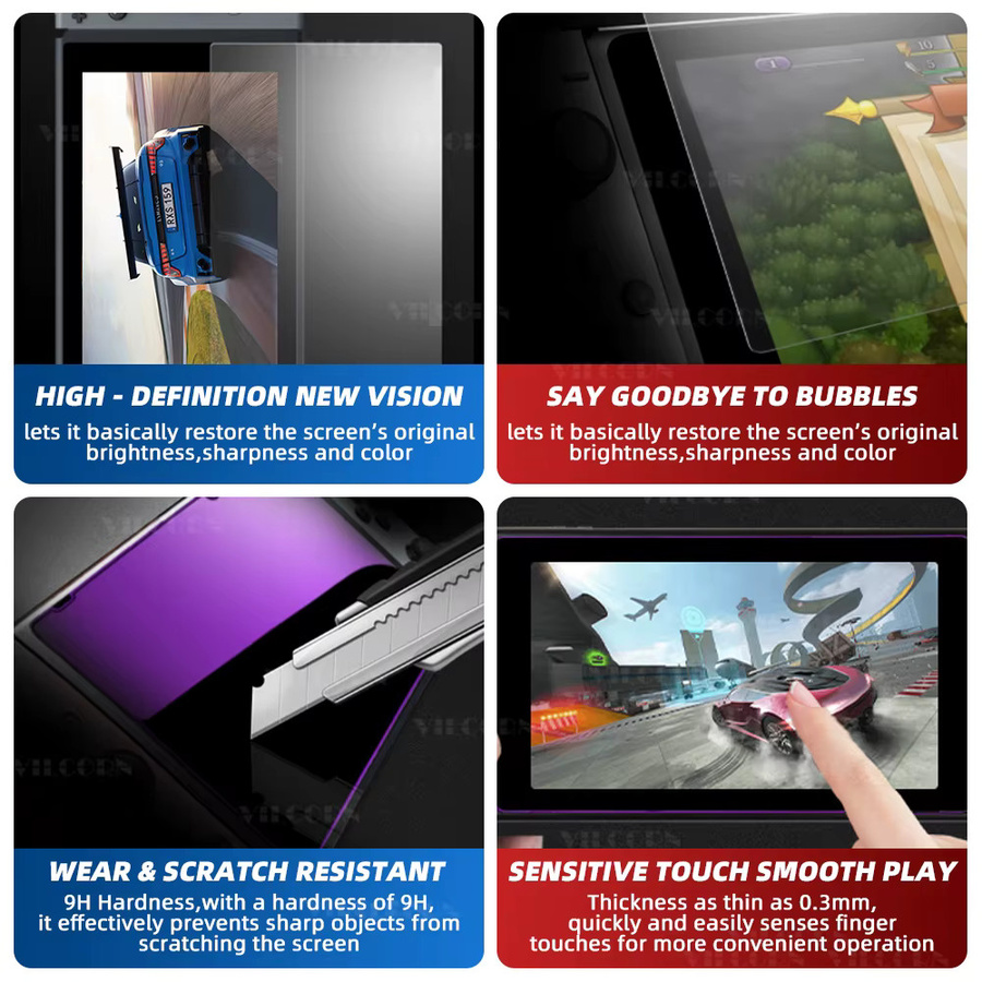 VILCORN Displayschutzfolie aus gehärtetem Glas für Nintendo Switch, 2/3 Stück, transparent, kratzfester HD-Displayschutz für deine Konsole - Bild 2