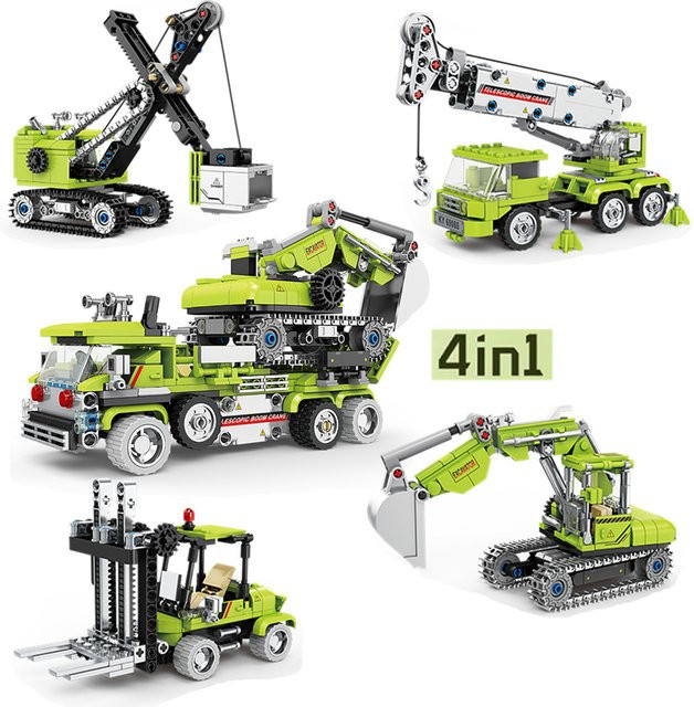 4 in 1 Baustellen-Spielzeugset mit Bagger, Kran, LKW und Stadtfahrzeugen aus Kunststoff-Bausteinen - Bild 1