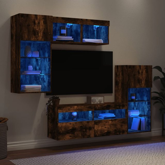 vidaXL 5-teiliges TV-Möbelset mit LED-Beleuchtung in Räuchereiche, modern und wandmontiert - Bild 2