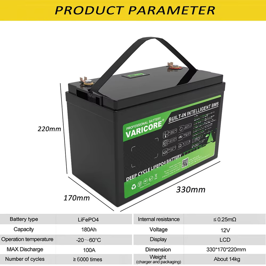 Varicore LiFePO4 Batterie 12V 180Ah Schwarz mit BMS-Schutz für Wohnmobil, Boot, Solarsystem und Camping - Bild 4