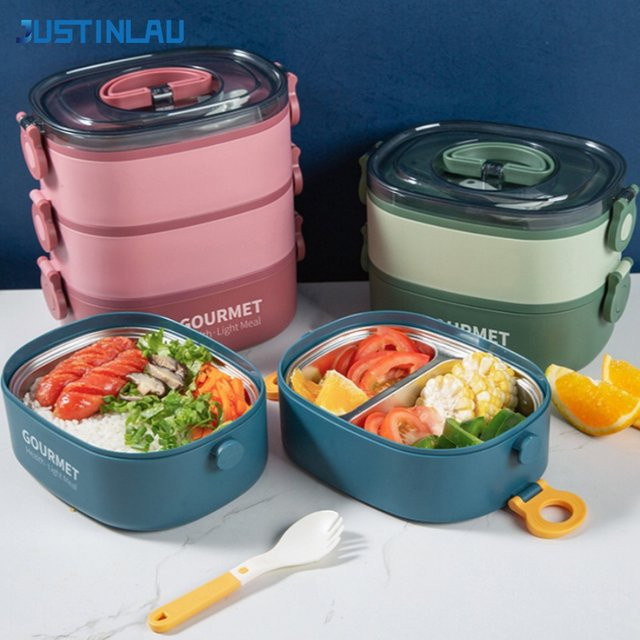 JUSTINLAU Isolierte Edelstahl Bento-Box in Rot, 3-lagige stapelbare Lunchbox, mikrowellengeeignet mit Griff - Bild 1
