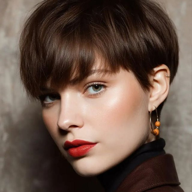 OYM HAIR Pixie-Perücke, braun, glattes Echthaar mit Pony, Damen - Bild 1