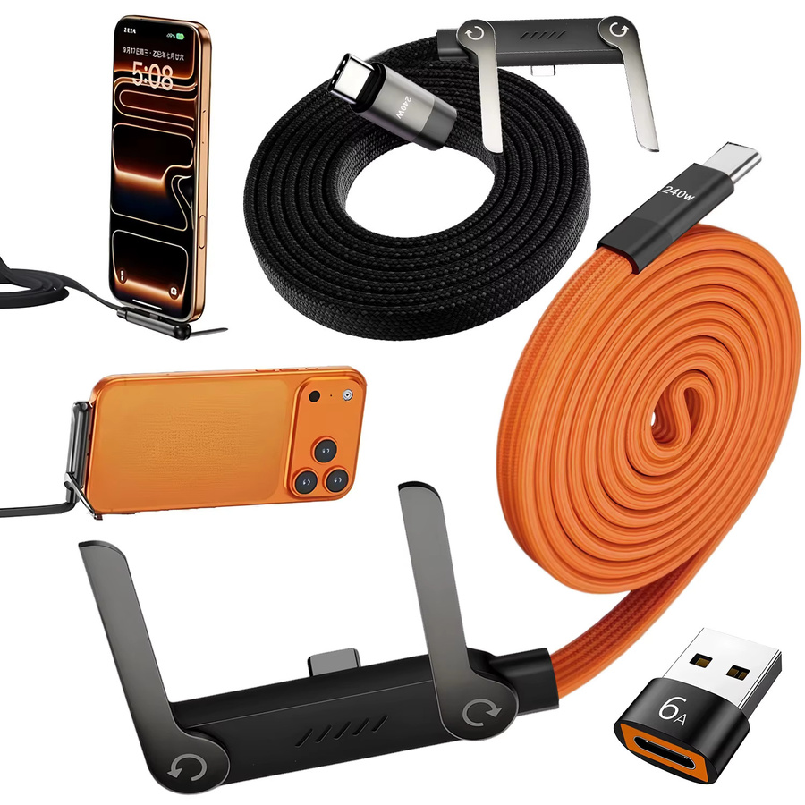 BESY 2-in-1 USB-C zu USB-C Schnellladekabel mit 240W und faltbarem Telefonständer, Schwarz - Bild 5