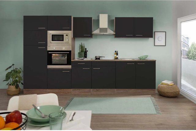 Respekta Küchenzeile York ohne E-Geräte in Schwarz Seidenglanz-Eiche, Breite: 330 cm, Höhe: 205 cm, Tiefe: 55,5 cm - Bild 1
