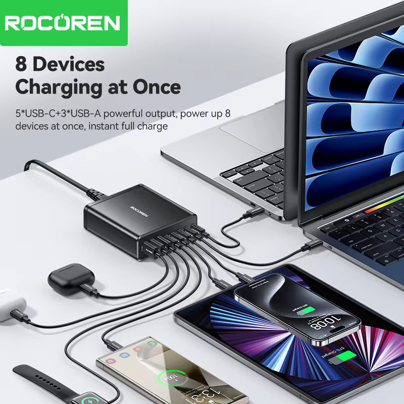 Rocoren 185W 8-in-1 USB Typ-C Desktop-Ladestation Multi-Port PD Schnellladestation in Schwarz - Bild 6