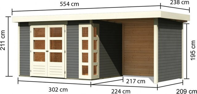 KARIBU Gartenhaus Kerko 4 aus Holz in Terragrau mit Anbaudach, B/H/T: 302 x 217 x 240 cm - Bild 2
