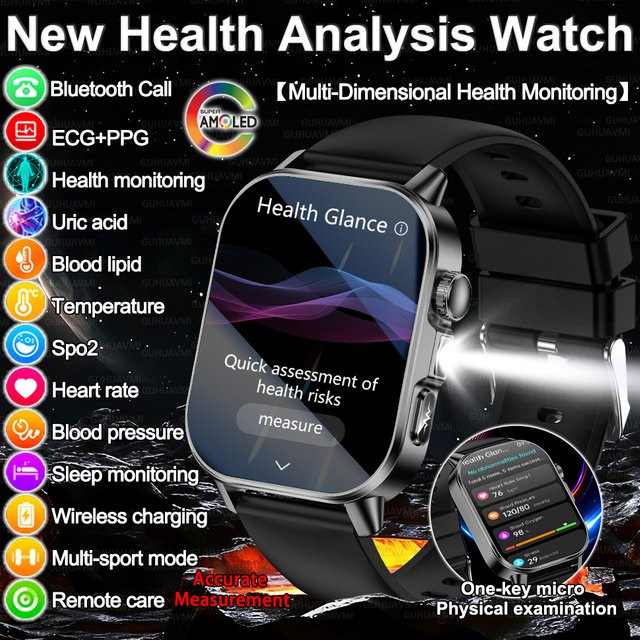 GUHUAVMI Smartwatch für Herren in Schwarz mit 2,0 Zoll HD-AMOLED-Bildschirm, EKG- und PPG-Messung, Harnsäure- und Blutfettmessung sowie Anruf- und Sporttracking - Bild 1