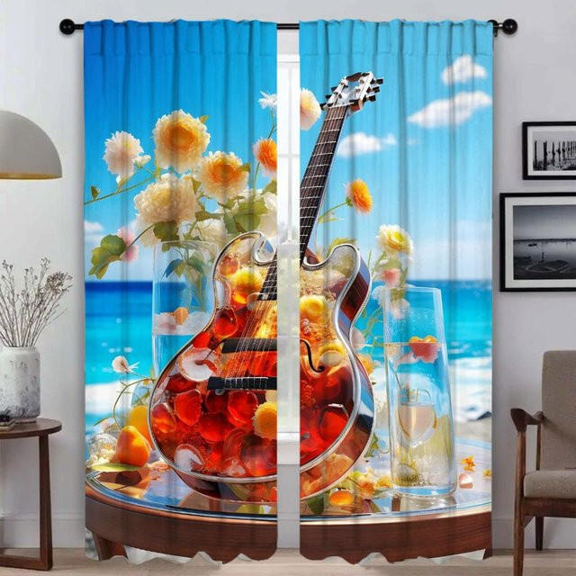 Zweiteiliges Tüll-Vorhangset mit Gitarren- und Blumenmuster, halbtransparent, Mehrfarbig, Breite: 50 cm, Höhe: 70 cm - Bild 1